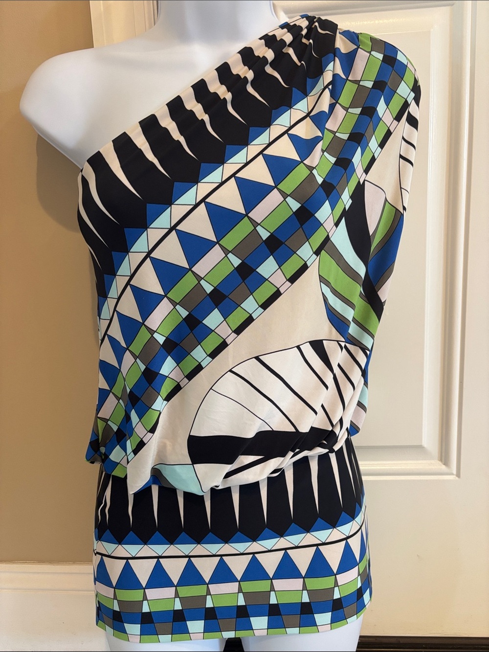 Analili One-Shoulder Geometric Tunic Top in Blue, Green, Black & Cream